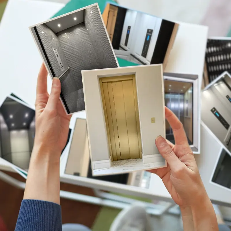 Residential home elevators showcasing different customer specifications, including standard and custom designs and luxury finishes