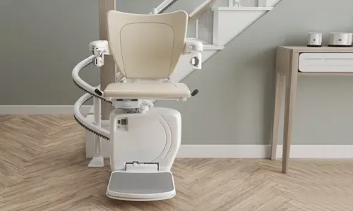 Savaria Handicare 4000 curved indoor & outdoor stair lift chair, sold and installed by Electropedic, family owned for three generations, 800-233-7382