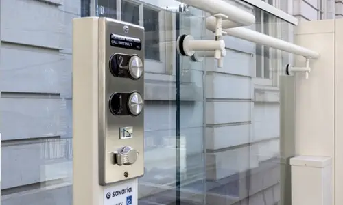 The hall call of the V-1504 installed outdoors of a public building.