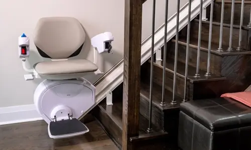 Savaria K2 Plus straight indoor stair lift chair, sold and installed by Electropedic, family owned for three generations, 800-233-7382