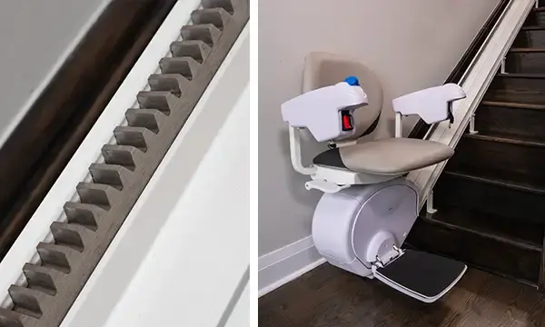 Savaria K2 Plus stairlift, also showing a rack and pinion drive system.
