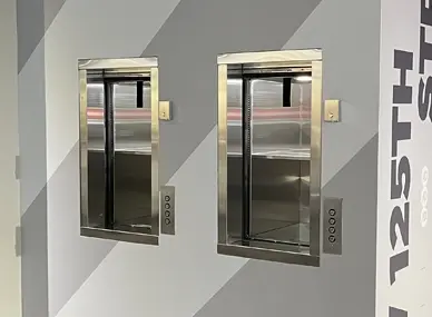 Two stainless‑steel material lift openings mounted side by side in a wall, each with a vertical sliding door and a control panel featuring up and down buttons to the right of each unit.