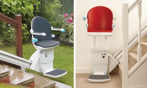 Outdoor stairlift on the left with a dark seat mounted along a straight rail, and indoor stairlift on the right with a red seat on a compact straight rail beside a staircase.