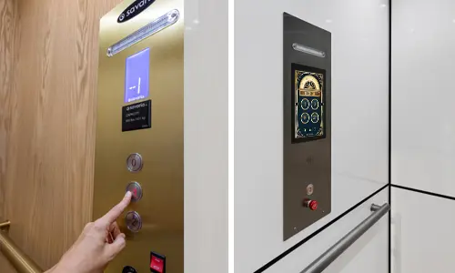 Two different elevator cab operating panels: one with a vertical metal panel featuring a digital floor display and round push buttons, and another with a sleek touchscreen-style panel showing a floor layout diagram and integrated control buttons.