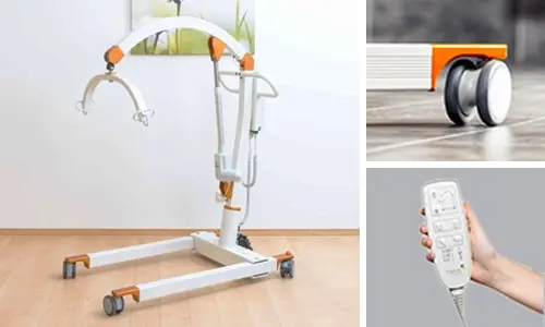 Mobile patient lift shown with its wheeled base, overhead support arm, and separate close-up views of a caster wheel and a hand-held control.