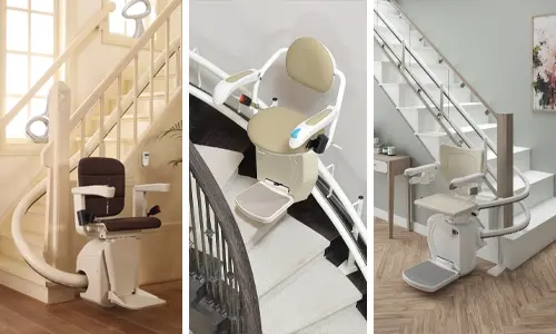 Three different curved stairlifts shown in various home settings, each with a uniquely tailored rail design following the shape of the staircase and featuring foldable seats and armrests.