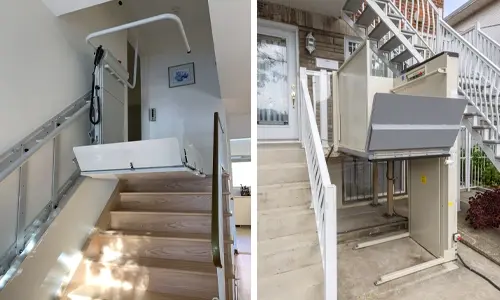 Indoor inclined platform lift on the left mounted along a staircase, and an outdoor vertical platform lift on the right with a platform and safety panels positioned beside an exterior stairway.