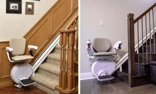 Stairlifts on straight rails in two different home settings, showing compact seat designs mounted along the staircase.