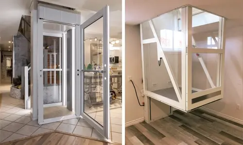 Two different applications of a through‑the‑floor lift: one installed in a finished living space with a full-height enclosure and clear glass panels, and the other shown in a lower level with the lift platform raised through an opening in the ceiling, illustrating the unit traveling between floors without a shaftway.