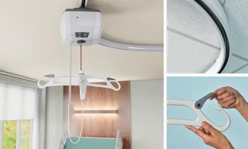 Ceiling‑mounted patient lift system with an overhead motor unit, curved track, and spreader bar, shown with close‑up views of the track and the lift hanger being held.