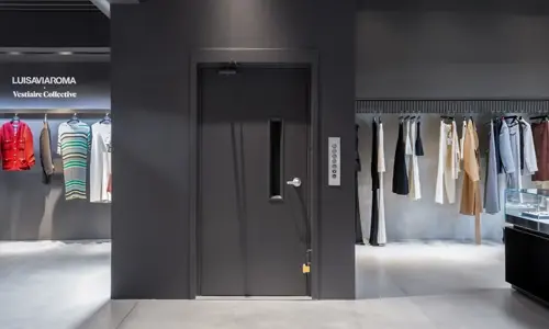 A material lift with a narrow window in a modern retail store, surrounded by clothing racks and display fixtures.