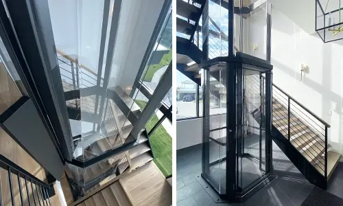 Glass panoramic elevator installed within a modern staircase structure, shown from interior and exterior angles with black framing and clear panels.