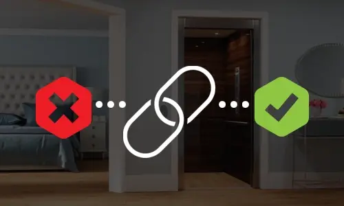 Graphic of a broken link between a red X and a green checkmark over a home elevator background.