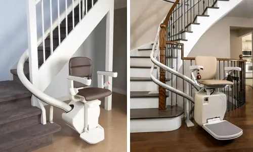Single-rail curved stairlift on the left, and double-rail curved stairlift on the right, showing the difference in rail design and chair placement along each staircase.