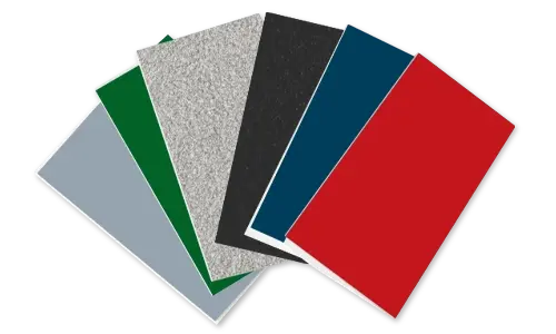 Color swatches showing different finish options for a panoramic elevator, including shades of grey, green, silver, black, blue, and red.