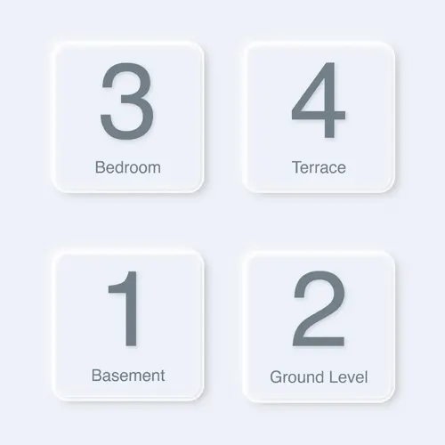 Set of four elevator cab buttons labeled 1 Basement, 2 Ground Level, 3 Bedroom, and 4 Terrace.