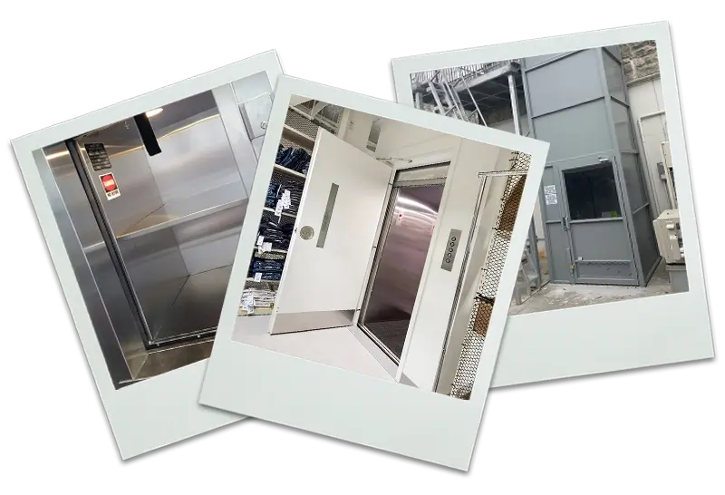 3 polaroid photos of various applications of material lifts.