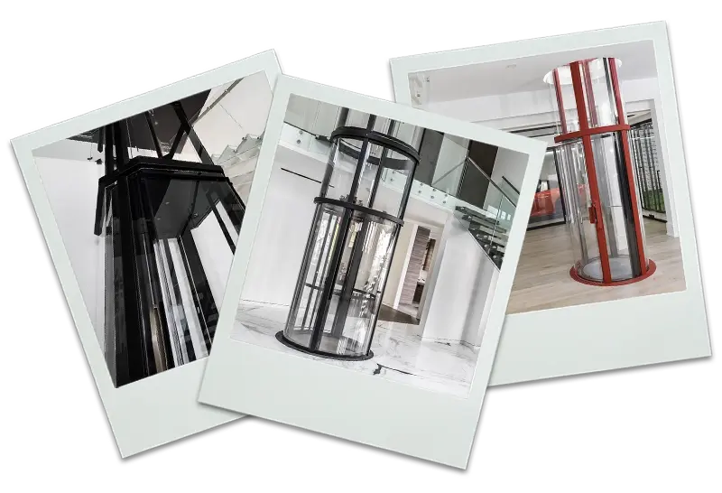 Polaroid-style photos showing different winding drum elevator shape and color finishes.
