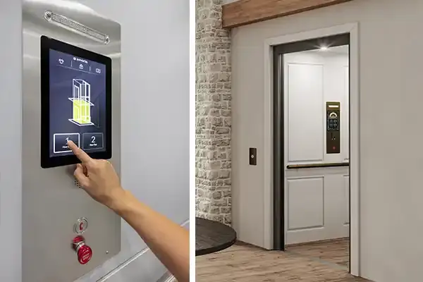 Side‑by‑side images showing a person selecting a floor on a touchscreen elevator panel and a modern home elevator with white interior panels.