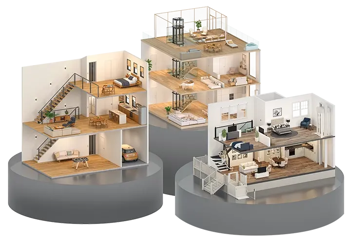 Pods displaying 3 separate homes and their respective ways to incorporate Savaria home accessibility products.