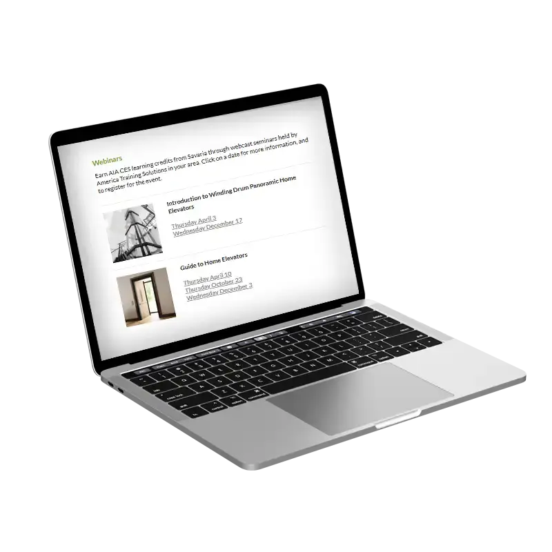 Laptop displaying a webpage with upcoming webinars, including listings for sessions on panoramic home elevators and a guide to home elevators.
