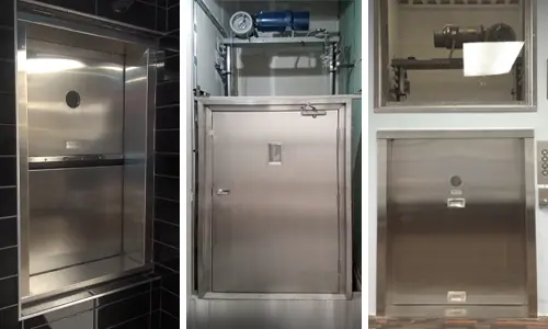 Commercial stainless steel material lifts with vertical dumbwaiter doors installed in a restaurant or commercial kitchen for food and goods transport.