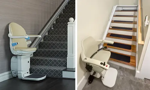 Side-by-side images of residential stairlifts installed on straight staircases, featuring upholstered seats, safety armrests, and footrests designed for home accessibility.