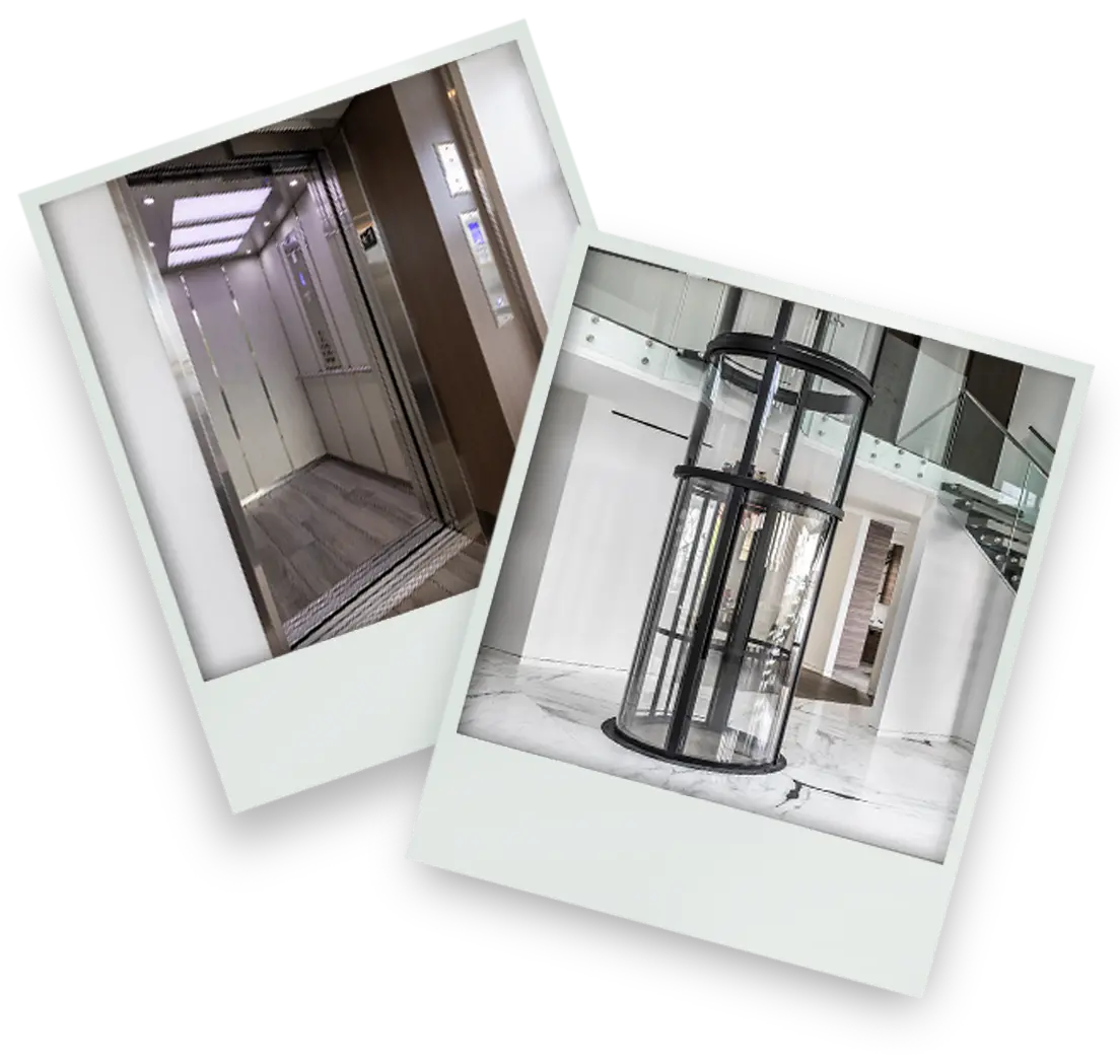 Comparison of residential elevators featuring a modern interior home elevator cabin and a cylindrical glass panoramic elevator in a luxury multi‑level home.