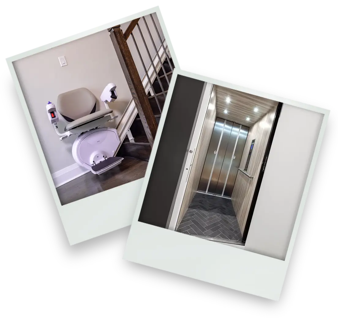 Comparison images showing a residential stairlift on a home staircase and a modern home elevator interior, highlighting accessibility mobility solutions for multi‑level houses.