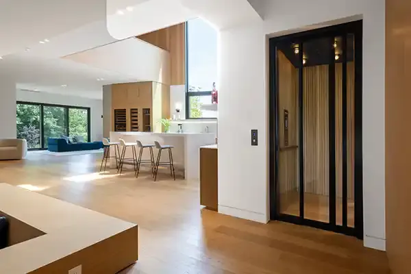 Modern luxury home interior featuring a sleek glass residential elevator integrated into an open‑concept living space with wood flooring and contemporary kitchen design.