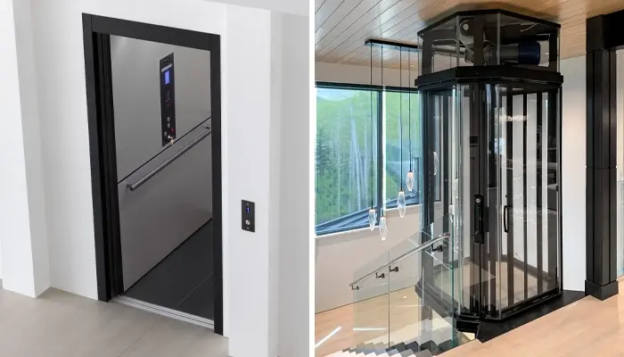 Modern residential home elevator with sleek black interior and glass panoramic cab installed inside a contemporary house, providing stylish and accessible vertical mobility between floor levels.