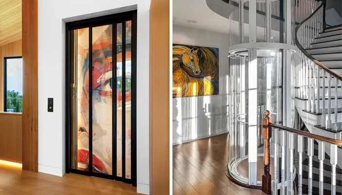 Luxury residential glass home elevator with clear panoramic cab installed inside a modern interior, providing stylish and accessible vertical mobility between floors alongside a curved staircase.