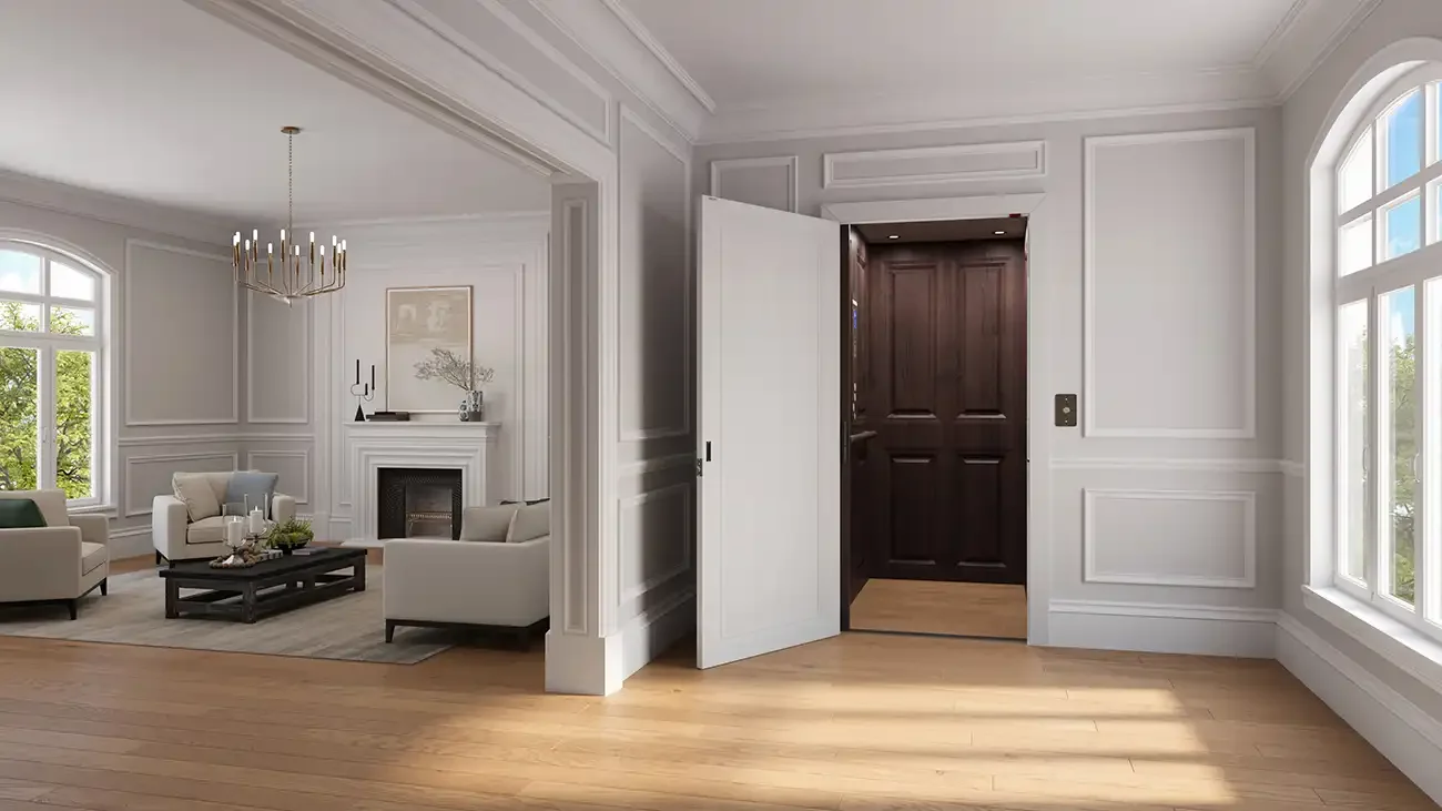 Luxury residential home interior featuring a discreet elevator with open door, seamlessly integrated into an elegant living space with hardwood floors, fireplace, and classic wall paneling.