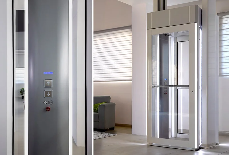 Recessed lighting for a brightly lit Savaria Luma through the floor lift installed in a home.