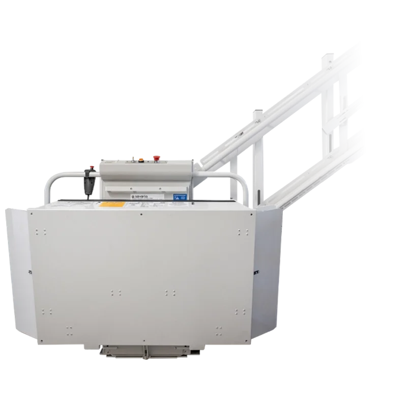 A Savaria Delta Incline Platform Lift stationed at the bottom landing.