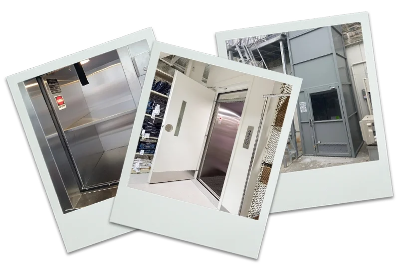 3 polaroid photos of various applications of material lifts.
