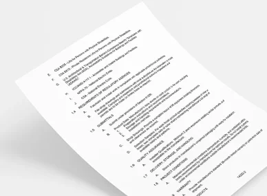 A specifications document showing a list of numbered sections and bullet points on a white sheet of paper.