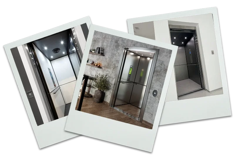 Three home elevator interiors shown in overlapping polaroid‑style frames, each featuring modern stainless‑steel cabs with soft ceiling lighting and clean, contemporary finishes.