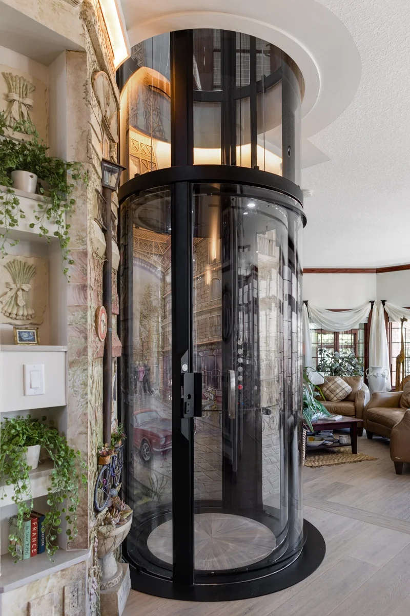 Panoramic glass residential elevator with cylindrical black frame and transparent cabin installed in a luxury living room, providing stylish and accessible home mobility.