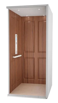 3D render of a home elevator cab with hardwood finish option.