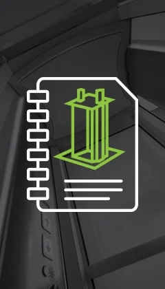 Grayscale image of a Luma through the floor lift with a white notebook graphic overlaid, featuring a green line‑art icon of an elevator shaft.