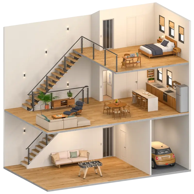 3D render of a home elevator installed in a home that can access the garage, dining area and bedroom.