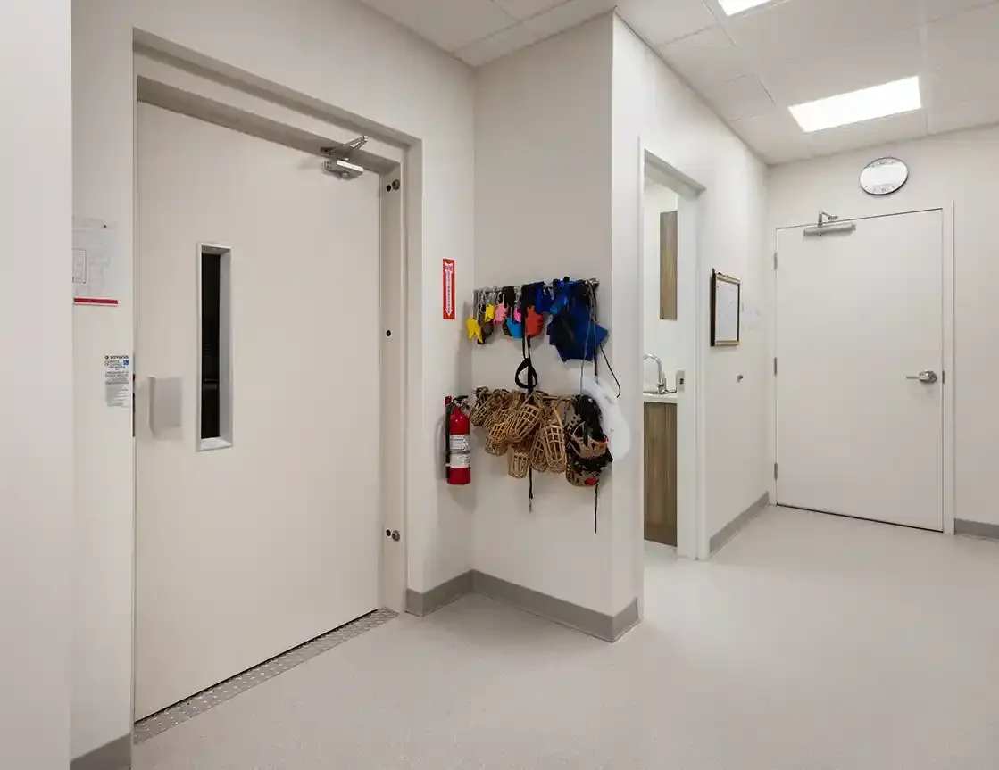 Vertical platform lift located behind a door in a clean commercial hallway