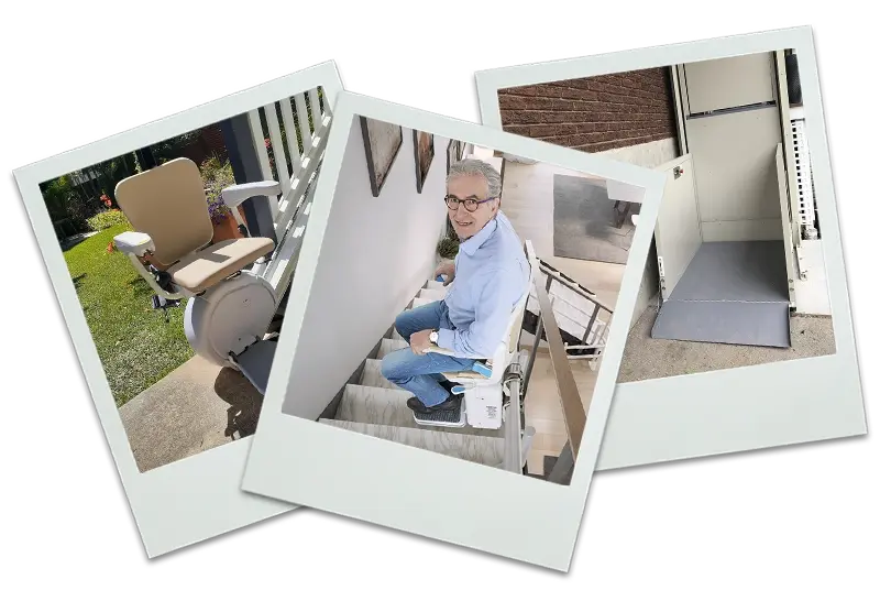 3 examples of home accessibility applications: outdoor stairlift, indoor stairlift, and vertical platform lift.
