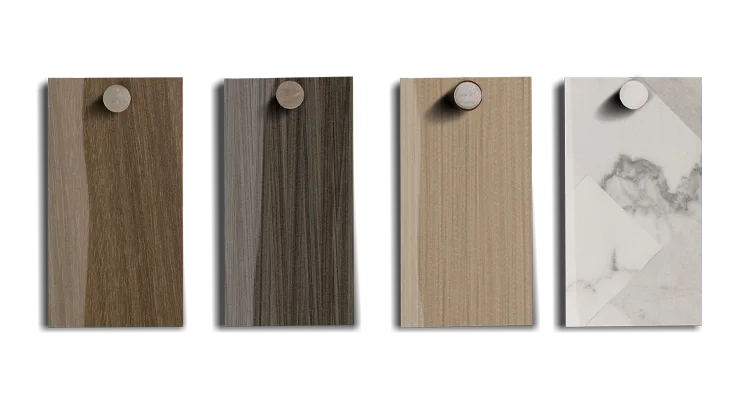 Four plastic laminate samples for a commercial elevator, shown in bleached legno, burnt strand, neutral twill, and white marble herringbone.
