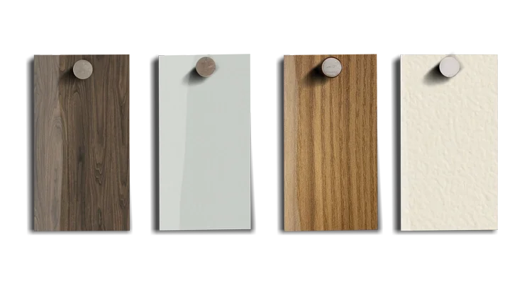 Four melamine samples for a commercial elevator, shown in Luxent, Folkstone, Karuna Ash and Antique white color options.