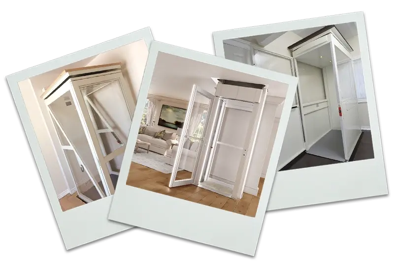 Polaroid-style photos showing different through the floor lift applications in residential setting.