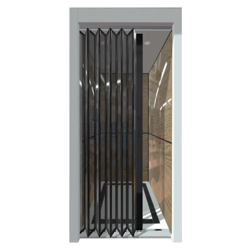 3D render of an elevator with a black see‑through accordion door partially opened.