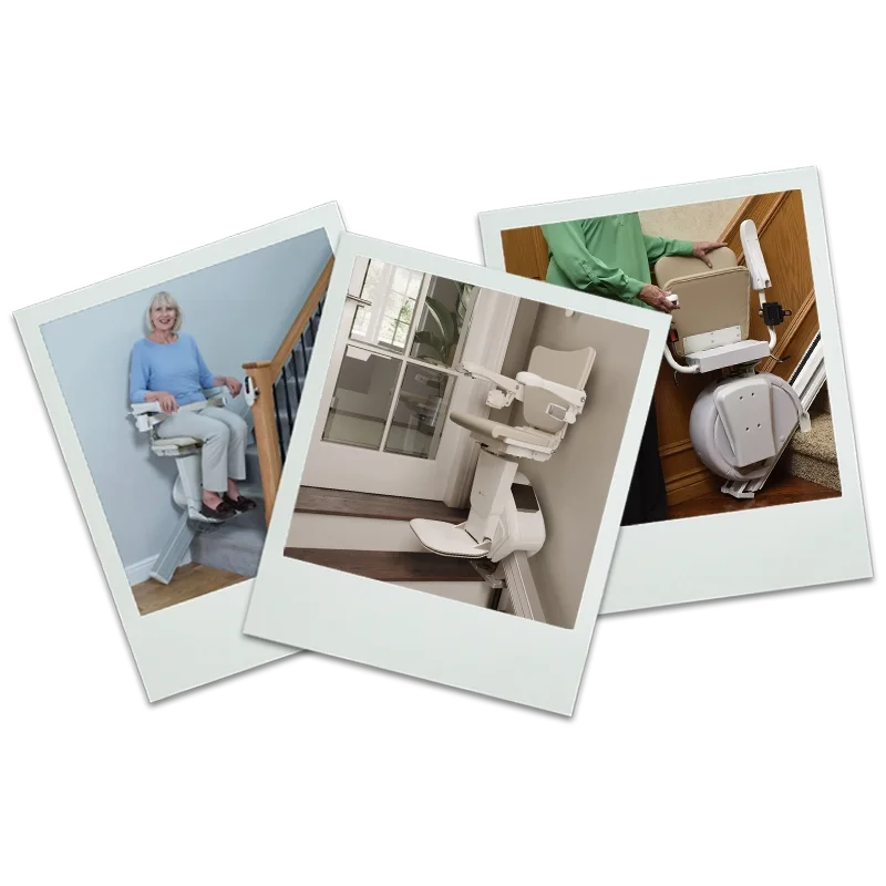 Three photos showing different straight stair lifts installed in various residential settings.