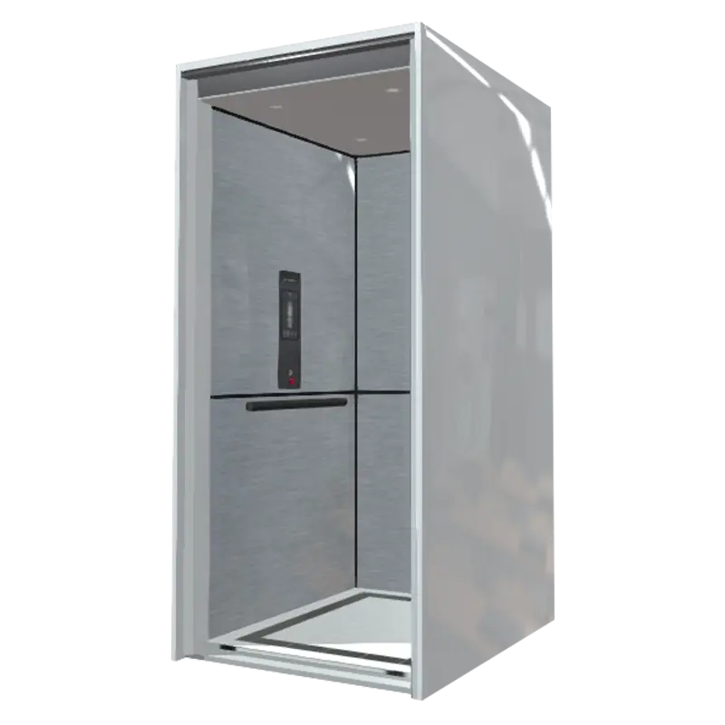 3D render of an elevator configurator showing a modern cabin with gray wall panels and recessed lighting.
